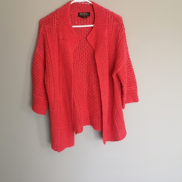 100% Linen Eddie Bauer Open Front Knit Cardigan Bright Coral 3/4 sleeve Size M - Picture 11 of 11